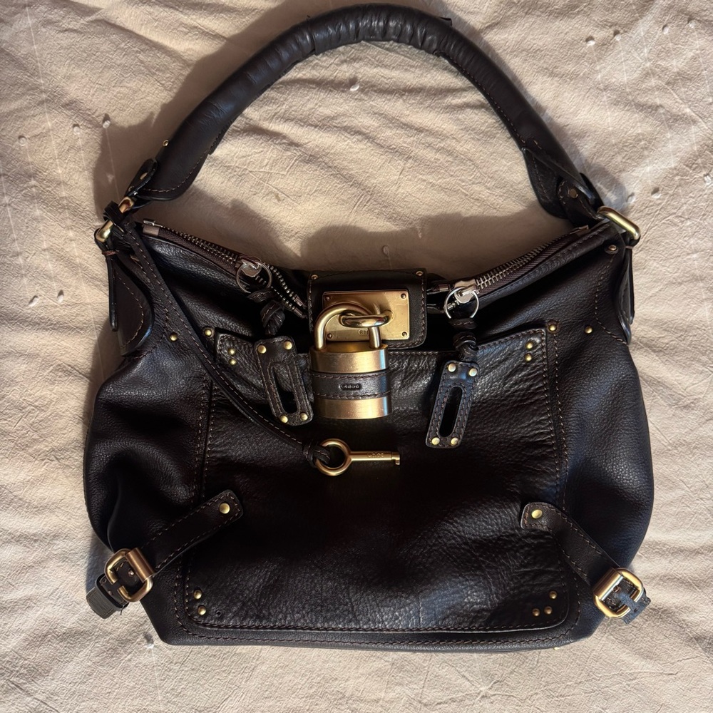 Chloe Black Leather Hobo Bag with Gold Accents